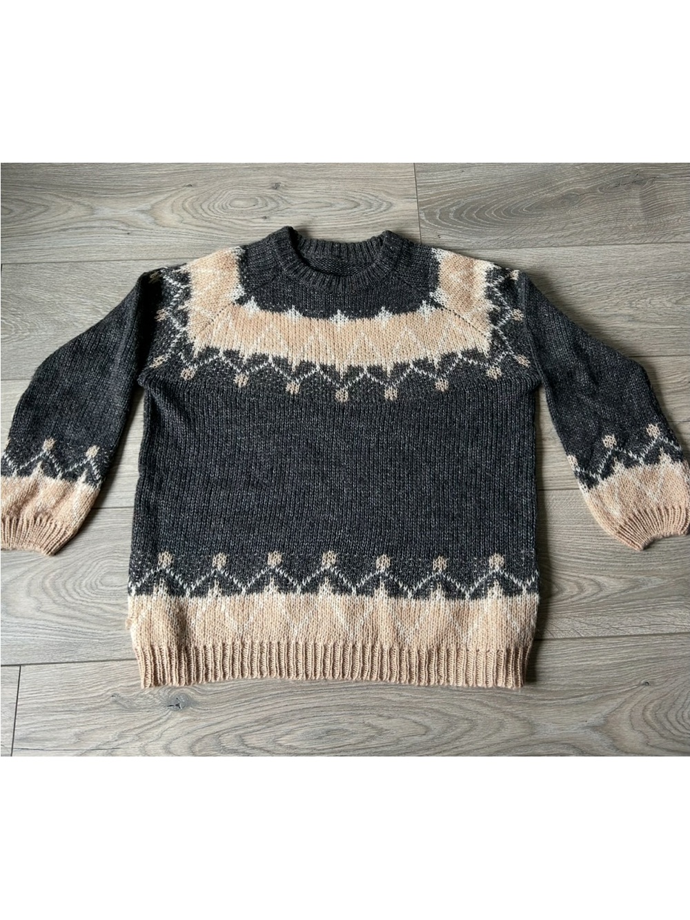 100% Mohair Knit Fair Isle Sweater in Charcoal and Beige Size XXL